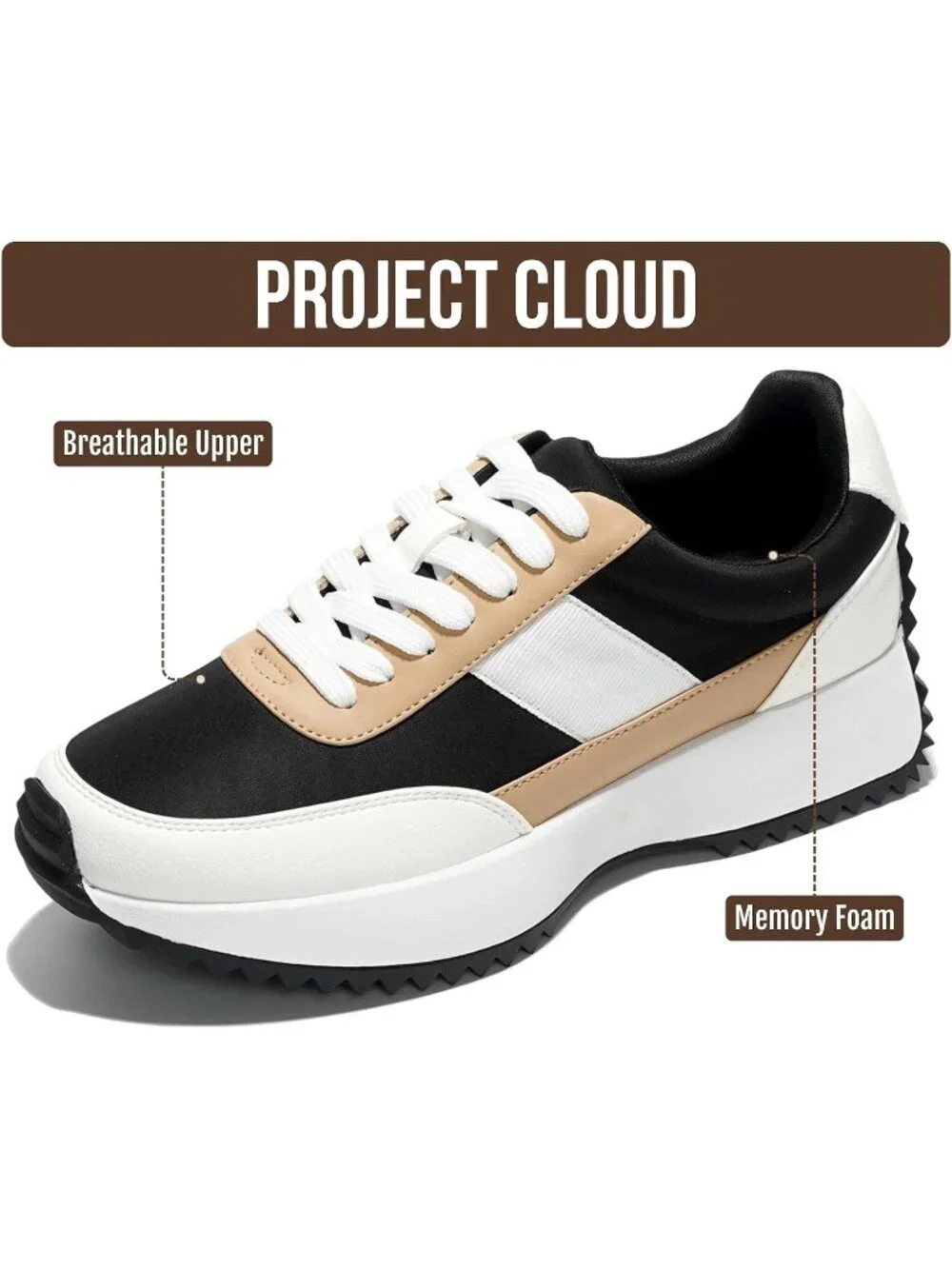 🆕Project Cloud Women's Tan Black Sneakers Memory Foam Lightweight Lace Up